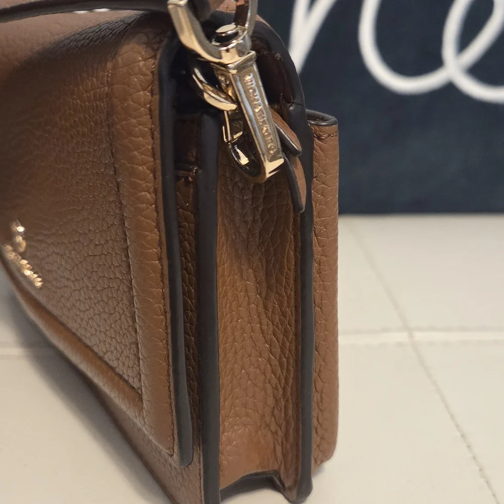 Michael Kors Jet Set Small Cognac Brown Pebbled Leather Smartphone Crossbody Bag
